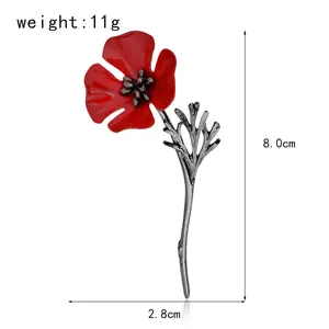 Detailed view of red poppy flower enamel brooch with 8.0cm height and 2.8cm width