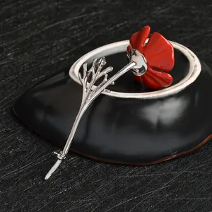 Creative red poppy flower brooch with enamel finish and silver stem for women