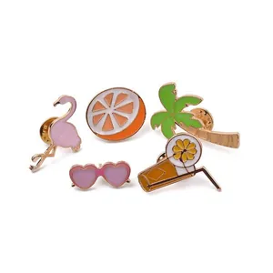 Detailed set of summer enamel pins featuring flamingos, palm trees, and citrus fruit