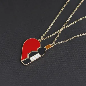 Creative heart and wine bottle matching necklace set for couples on black background