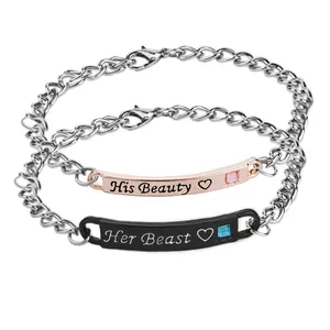 Her Beast and His Beauty couple bracelets set with heart charms and cubic zirconia