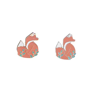 Cute Enamel Fox Brooch Pin For Women Kids Alloy Animal Leaf Pattern Drip Oil Cartoon Forest Style Decoration Jewelry
