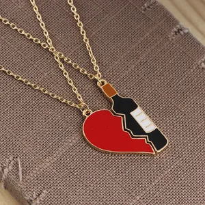 Creative wine bottle and heart pendant necklace set on a rustic background