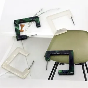 Minimalist geometric square earrings in marble green and pearl white acetate finishes