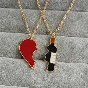 Creative Wine Bottle And Red Heart Puzzle Necklace Set Alloy Gold Plated Enamel Pendant For Couples Friends Jewelry Gift