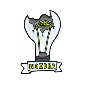 Fashionable enamel pin with broken light bulb design and NOIDEA text banner badge