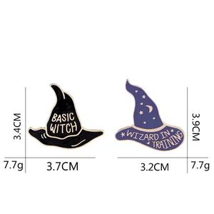 Wizard and Basic Witch cartoon enamel brooches with moon and star patterns