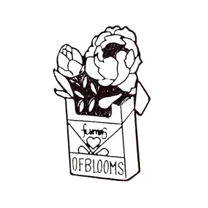 Minimalistische Emaille-Brosche mit Rosen-Zigarettenschachtel und Fumes of Blooms Text