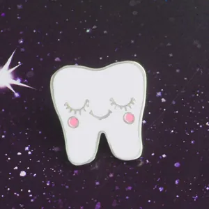 Cute cartoon tooth shaped enamel brooch with smiling face on purple starry background