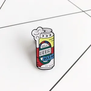 Fashionable enamel beer warm pin featuring a colorful beer can with spilling foam