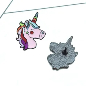 Colorful cartoon unicorn enamel brooch with pink body and rainbow hair for daily decoration