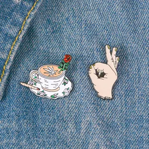 Punk Alloy Enamel Brooch Pin Set Funny OK Gesture Hand Middle Finger And Rose Coffee Cup Badge For Backpack Clothes Accessory