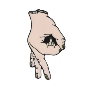 Detailed view of punk style enamel pin featuring a clever combined OK hand gesture