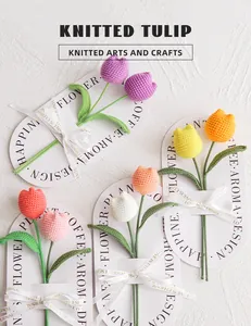 Detailed macro view of handmade knitted tulip flowers with vibrant crochet texture and ribbons