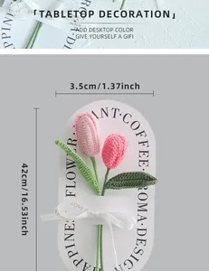 Handmade crochet pink tulip flower with dimension labels showing 42cm height and 3.5cm width