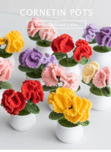 Close-up of handmade knitted carnation pots in various colors with ceramic bases