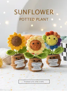 Handmade crochet sunflower potted plants with cute faces and emotional support cards