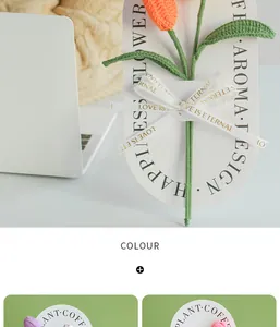 Detail of handmade crochet tulip bouquets with silk ribbons and premium gift card packaging