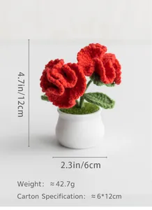 Detailed size specifications for handmade crochet red carnation flower in a white pot