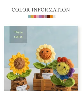 Three crochet sunflower plants in pots with emotional support labels on blue background