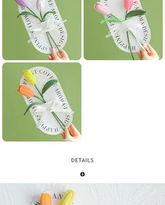 Detail of colorful hand-knitted tulip flower bouquets with gift ribbon and card packaging