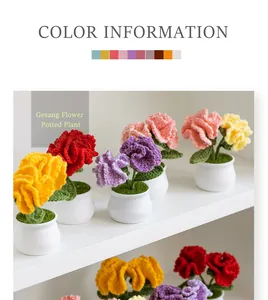 Close-up of handmade crochet Gesang flower potted plants in various vibrant colors