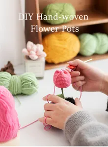 Close-up of DIY crochet kit with pink tulips, colorful yarn balls, and a metal hook tool