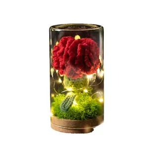 Handmade crochet red flower in glass dome with LED light and wooden base centerpiece