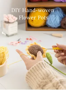 Detailed shot of handmade crochet sunflower kit with yarn, needles and sewing tools
