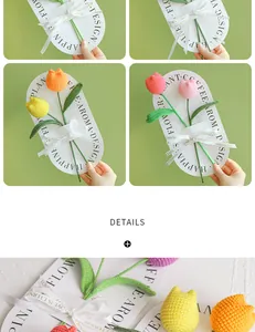 Detail of handcrafted crochet tulip bouquet with silk ribbon and elegant gift packaging