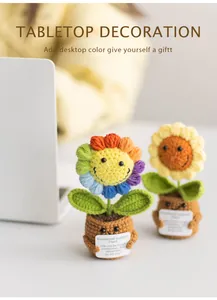 Detail of crochet sunflower desk decor with emotional support card and cute smile