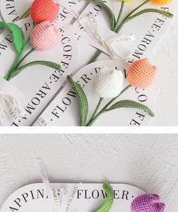 Detail of handcrafted crochet tulip bouquet with premium gift wrap and ribbon