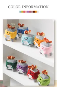 Detailed grid of nine colorful crochet dumpster fire plushies with emotional support cards