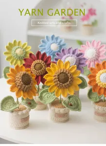 Macro detail of handmade crochet sunflower pots with vintage leather handmade tags