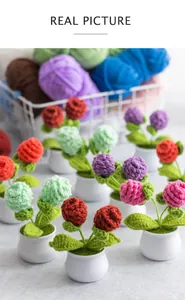Detailed view of colorful handmade crochet pine cone flowers in white ceramic pots