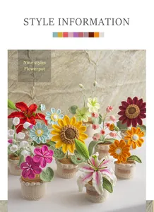 Detail of nine handmade crochet potted flowers including sunflower and lily styles