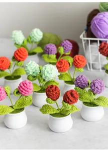 Detail of colorful handmade crochet pinecone potted plants on a desktop display