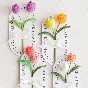Handmade Crochet Tulip Bouquet Knitted Yarn Artificial Flowers With Ribbon Decoration Card For Mother's Day Gift Home Decor