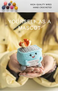 Handmade crochet blue trash bin plush with funny expression and emotional support card