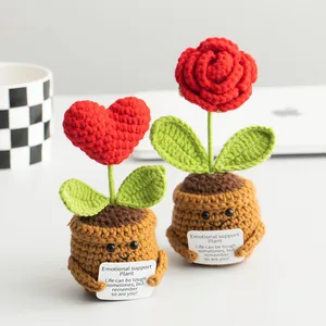 Dettaglio di piante all'uncinetto fatte a mano con cuore rosso e rosa decorativa