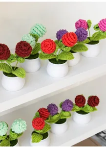 Detailed knit texture of handmade crochet pine cone potted plants for home decor