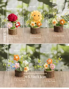 Detailed size and weight specs for crochet potted flowers with dimensions and wooden base