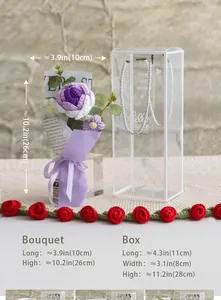 Detailed view of handmade crochet purple flower bouquet with transparent gift box dimensions