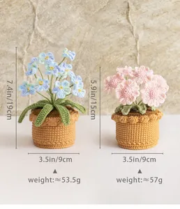 Detailed size specifications for handmade crochet blue and pink potted flowers decor