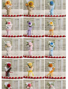 Detailed grid showing colorful handmade crochet mini flower bouquets in gift boxes