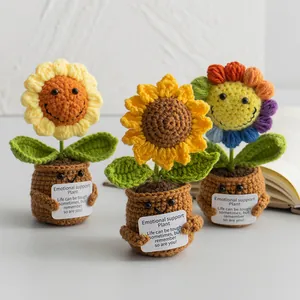 Handmade Crochet Sunflower Potted Plant With Emotional Support Card Cute Smile Face Desk Decor Knitting Ornament Gift