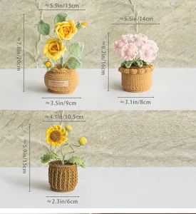 Detailed dimensions for handmade crochet sunflower and rose potted plants for decor