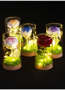 Detail van handgehaakte rozen in een glazen koepel met warme LED-verlichting op hout
