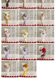 Detailed view of handmade crochet flowers in elegant gift packaging and transparent bags