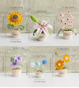 Detailed view of handmade crochet sunflower and lily potted plants with size dimensions